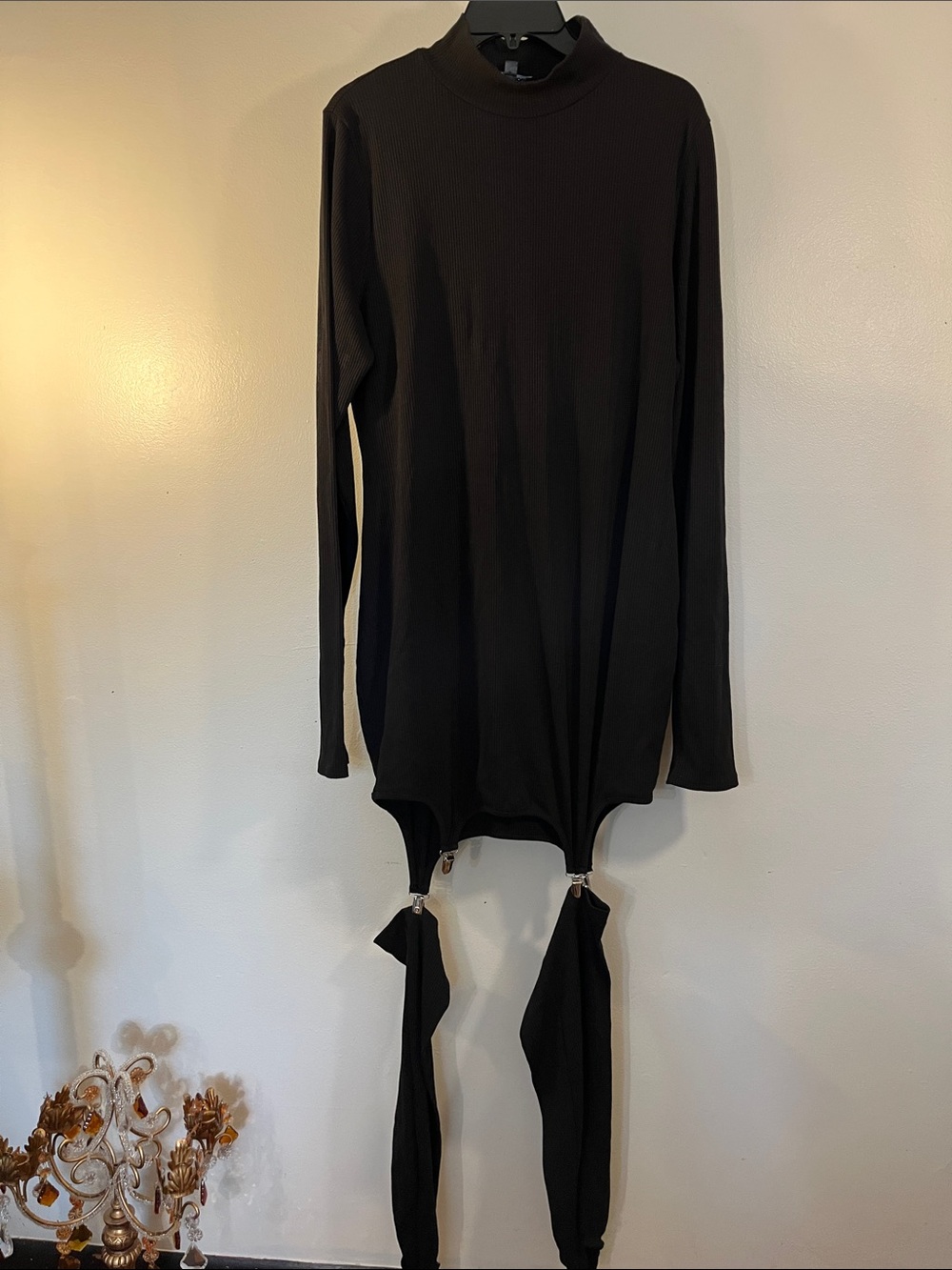 Fashion Nova Black Long Sleeve Mock Neck Bodysuit with Detachable Straps